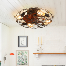Low Profile Cage Ceiling Fan With Light Remote Control, Built-in Modern Industrial Fan