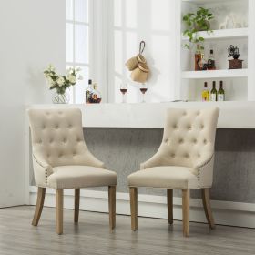 Tan Button Tufted Solid Wood Wingback Hostess Chairs With