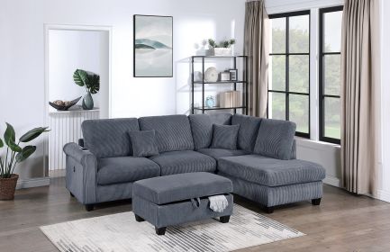 Contemporary Dark Gray 3Pc Sectional Set Corduroy