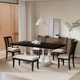 Traditional 6-Piece 78inch Trestle Extendable Dining Table Set with One 18inch Removable Leaf, Padded Dining Chairs and Bench (Material: Rubber Wood, Color: Brown+Distressed White)