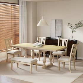 Traditional 6-Piece 78inch Trestle Extendable Dining Table Set with One 18inch Removable Leaf, Padded Dining Chairs and Bench (Material: Rubber Wood, Color: Natural)