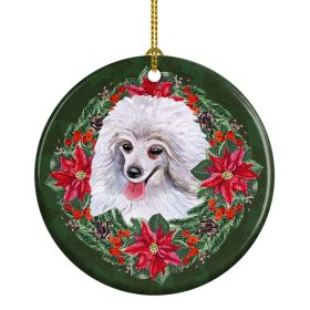Ceramic Ornament Christmas (Design: Medium White Poodle - Poinsetta Wreath)