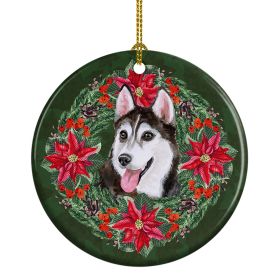Ceramic Ornament Christmas (Design: Siberian Husky 2 - Poinsetta Wreath)