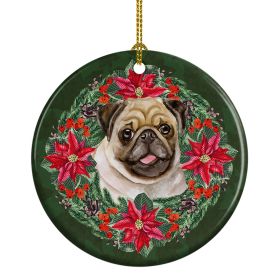 Ceramic Ornament Christmas (Design: Fawn Pug - Poinsetta Wreath)