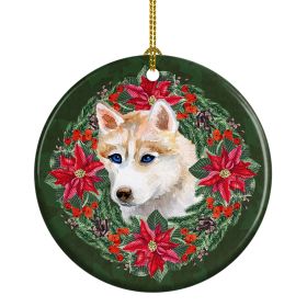Ceramic Ornament Christmas (Design: Siberian Husky - Poinsetta Wreath)